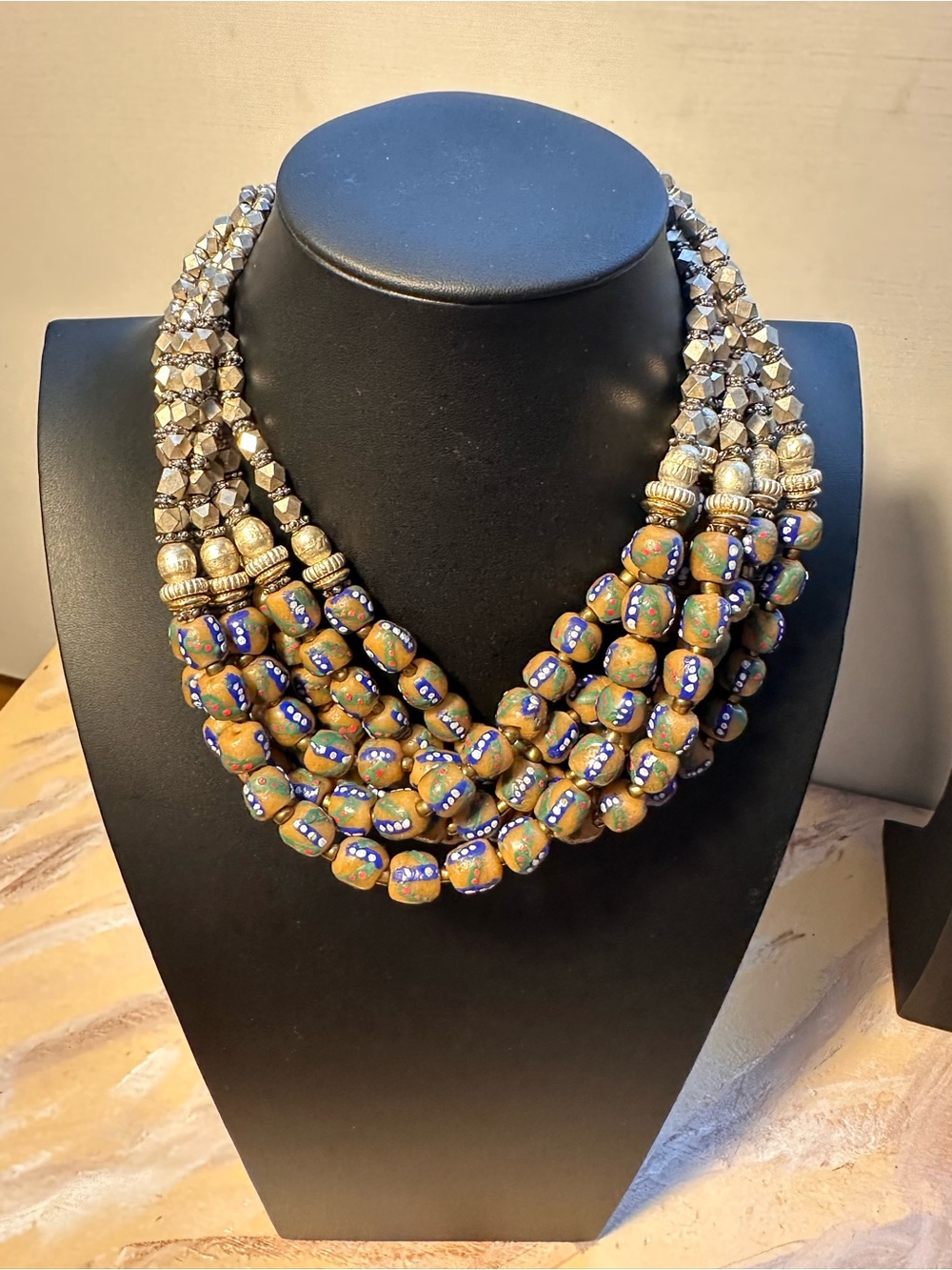 Masha Archer Multi-Strand Earthy Brown and Blue Beaded Statement Necklace